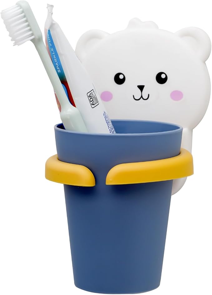 Cute Kids Toothbrush Holder with Cup & Toothpaste Wall Mounted, Adhesive Bathroom Organizer - Kids Bathroom Decor Accessories, Animal Toothbrush Holders for Kids - Polar Bear