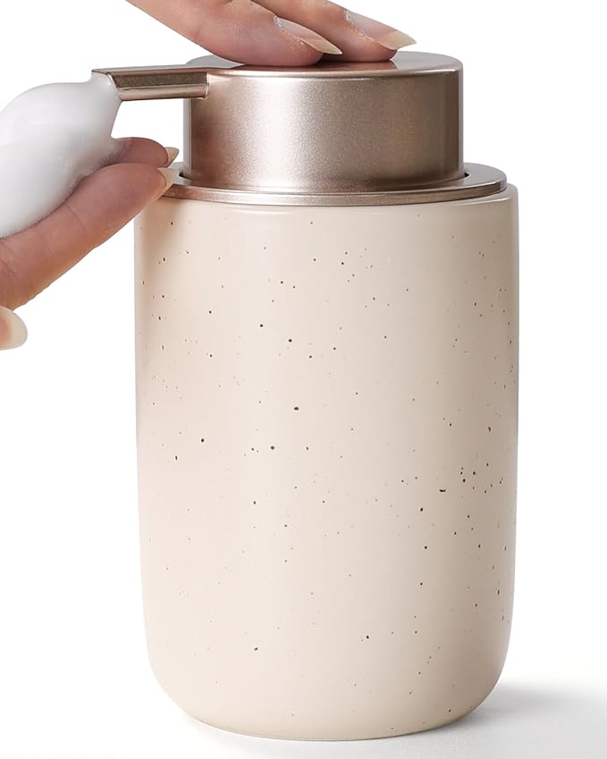 BosilunLife Foam Soap Dispenser - Ceramic Foaming Hand Dispenser for Bathroom Modern Farmhouse Small Soap Dispenser Lotion Hand Pump Dispenser for Kitchen Sink (Apricot, Foam Pump)