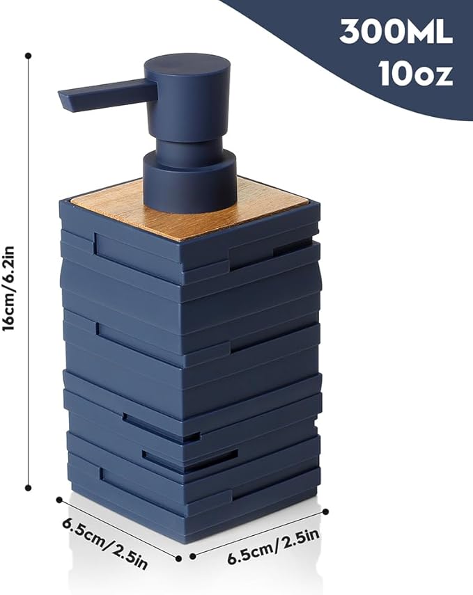 Matte Blue Teak Wood Hand Soap Dispenser 10 oz Square for Bathroom and Kitchen Countertops