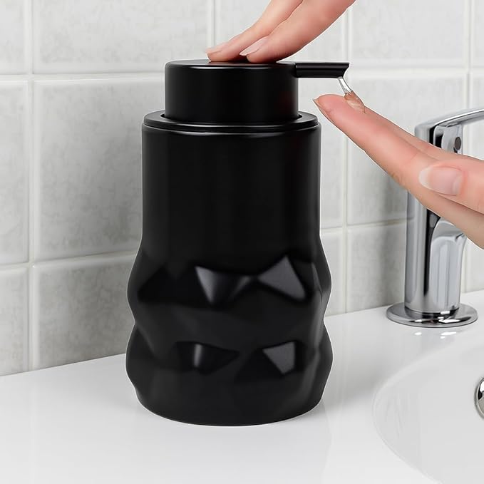 BosilunLife Hand Soap Dispenser - Foam Soap Dispenser Bathroom Ceramic Dish Liquid Soap Dispenser for Kitchen, Bathroom Countertop Soap Dispensers (Black-Liquid-Sculpt)