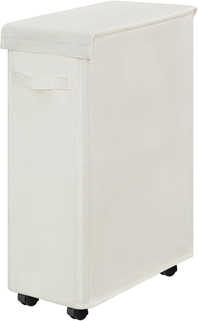 Chrislley Slim Laundry Hamper with Wheels, 45L Narrow Rolling Laundry Basket with Lid, Foldable Dirty Clothes Hamper Portable Skinny Hamper Storage Bins for Dorm, Bedroom (beige)