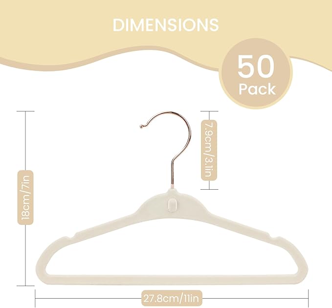 Kids Velvet Hanger 50 Pack, 11" Baby Clothes Hangers with Rose Gold Swivel Hook & 10 Clips, Ultra Thin 0.2" Non-Slip Nursery Hangers, Stackable Space-Saving Felt Hangers for Closet, Beige