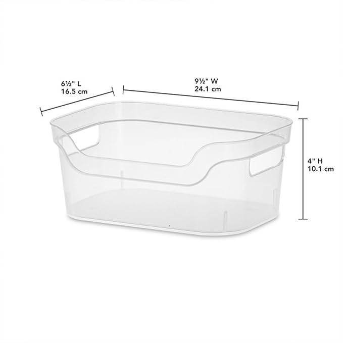 Sterilite 9.5 x 6.5 x 4 Inch Small Open Scoop Front Clear Storage Bin with Comfortable Carry Through Handles for Household Organization (32 Pack)