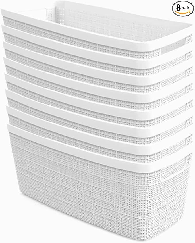 Curver Set of 8 Slim 6.8L Jute Decorative Plastic Organization and Storage Baskets - Perfect Bins for Home Office, Closet Shelves, Kitchen Pantry and All Bedroom Essentials, White