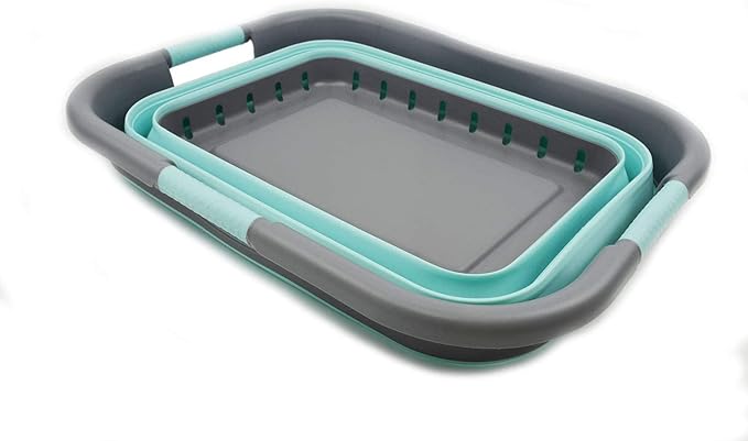 SAMMART 41L Collapsible Plastic Laundry Basket - Foldable Pop Up Storage Container/Organizer - Portable Washing Tub - Space Saving Hamper/Basket (3 handled rectangular, Medium Grey/Lake Green)