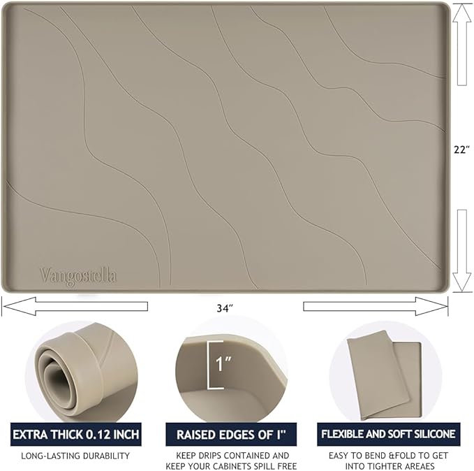 Heavy Duty Silicone Under Sink Mats for Kitchen Waterproof 34" x 19", Extra Thick Under Sink Rubber Mat Drip Tray, Raised Edge Under Sink Liner,Prevent Drips, Leaks, Spills,Brown