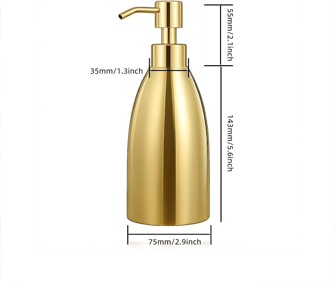 304 Stainless Steel Soap Dispenser 16oz Rust-Proof Liquid Soap Pump Bottle for Kitchen or Bathroom Countertop Hand Dish Lotion Leak-Proof (Polished Gold)