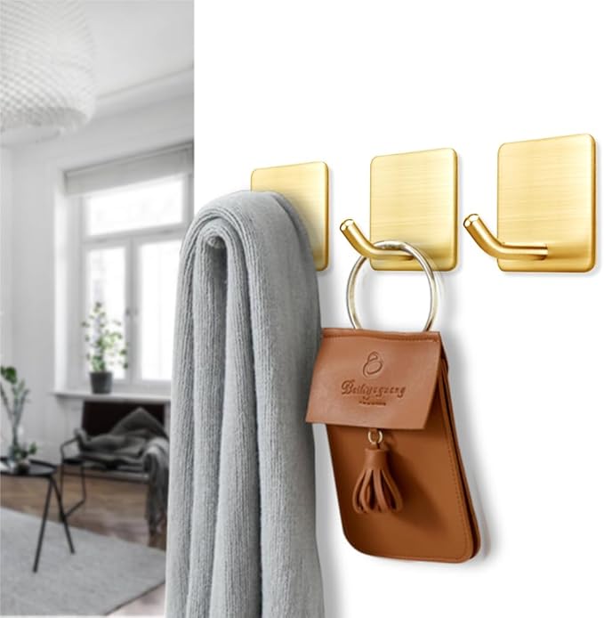 FOTYRIG Golden Stainless Steel Square Self Adhesive Hooks - Extra-Long Anti-Slip with Upgraded Adhesive, Holds 15lb Heavy Duty Wall Hooks for Kitchen, Bathroom, Garage -4 Packs