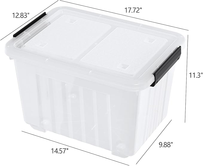 Ggbin 30 Quart Clear Latching Container Bin with Wheels, Plastic Lidded Storage Bins Set of 4