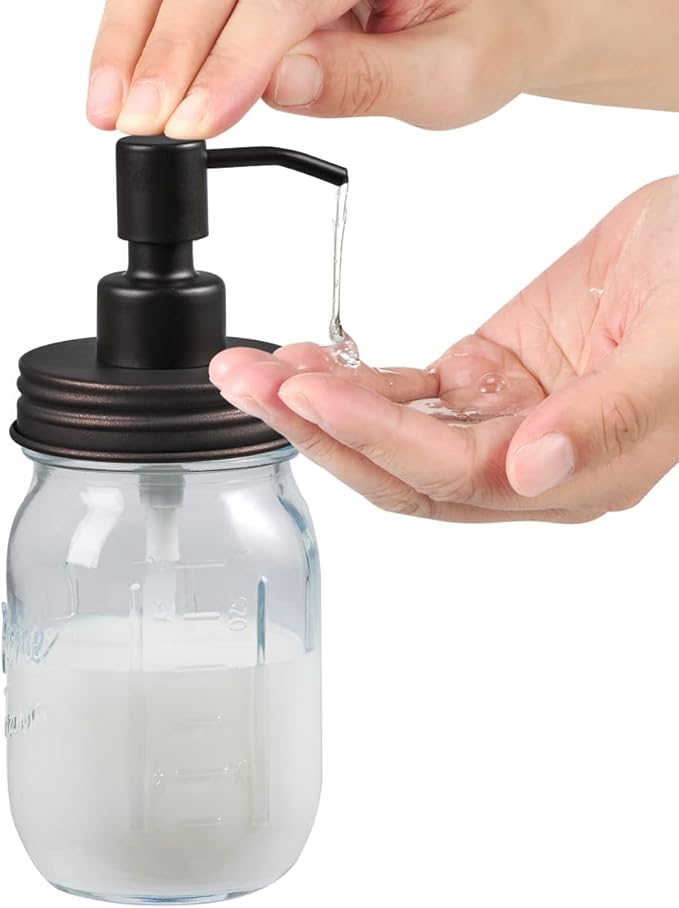 Amolliar 4 Pack Mason Jar Liquid Soap Dispenser, Rustproof Stainless Steel Lid Pump, Refillable Hand Soap for Bathroom, Kitchen, Cute Farmhouse Decor for Dish Soap, Liquid Soap, Lotions(Bronze)