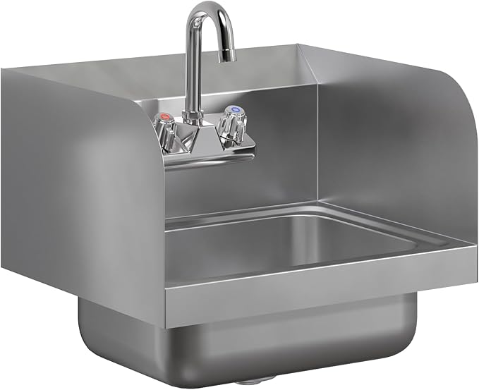 AmGood Stainless Steel Wall Mount Hand Sink with Faucet and Sidesplash 17" x 15" | NSF Commercial Hand Washing Basin For Restaurant, Kitchen and Home | Bowl Size: 10" x 14"