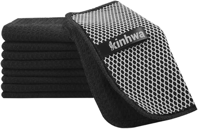 KinHwa Kitchen Washcloths for Dishes Absorbent Microfiber Dish Cloths Quick Dry Dish Rags with Poly Scour Scrub Side Ideal for Kitchen Cleaning (Dark-Black, 7inchx7inch 9 Pack)
