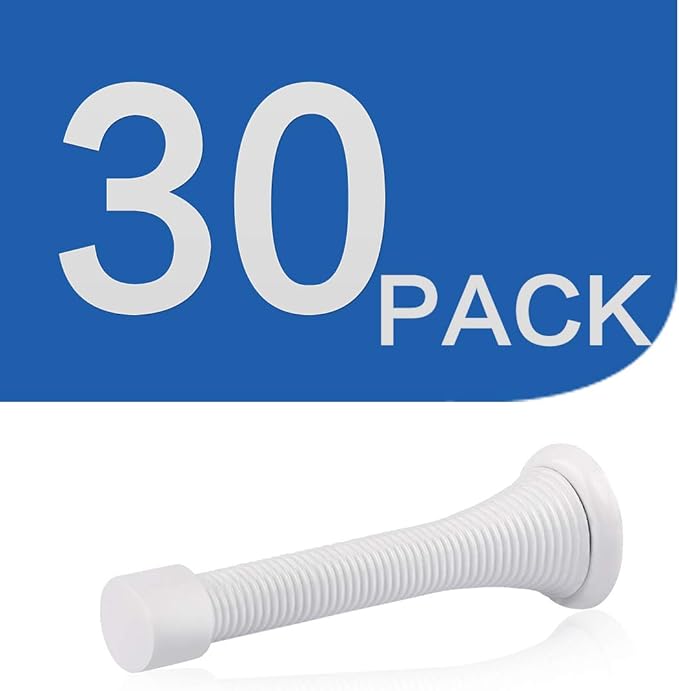 HOMOTEK 30 Pack Spring Door Stops,3-1/8” Heavy Duty Door Stop - Flexible Spring Door Stopper with Low Mounted White Rubber Bumper Tips, White