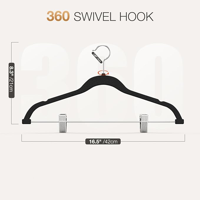 Korpai 36-Pack Black Velvet Hangers with Clips Adjustable,Adult Hangers,Outfit Hanger,Heavy-Duty,Felt,Non-Slip,Space Saving, for Pants, Skirts, Suits,Coats, Dresses ect.