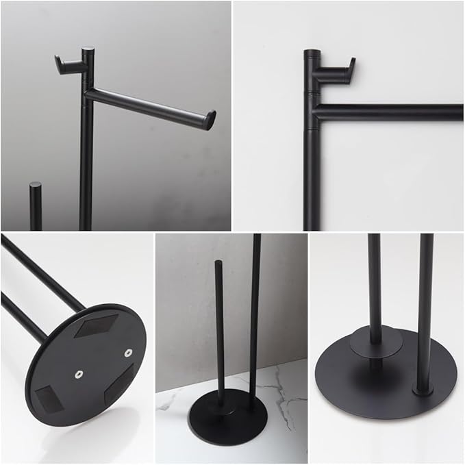 BGL Toilet Paper Holder Stand, SUS304 Stainless Steel Matte Black, Weighted Base, Holds 5 Jumbo Rolls, Space-Saving Modern Bathroom Storage with Built-in Hook