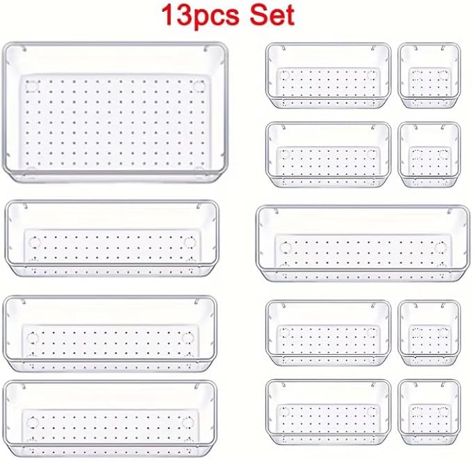 Bathroom Drawer Organizer Trays 13 Piece Clear Drawer Organizer Set, Plastic Organizer Bins for Bathroom, Makeup, Kitchen & Office, Modular In-Drawer Storage System