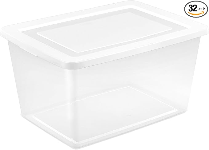 Sterilite 32 Pack Storage Box, 58 Quart Stackable Tote, Clear Plastic Container with Secure Snapping Lids for Home and Office Organization, White