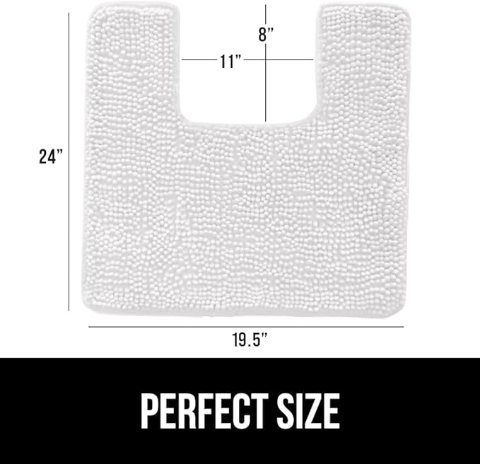 GORILLA GRIP Plush Absorbent Shaggy Chenille Bath Rug Mat for Square Toilet Base with Rubber Backing, Machine Washable Rugs, Soft Microfiber Contour Mats for Toilets, Bathroom Decor, White