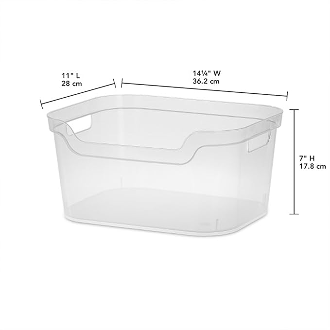 Sterilite 7 x 11 x 14.25 Inch Polished Open Scoop Front Storage Bin with Comfortable Carry Through Handles for Household Organization, Clear (18 Pack)