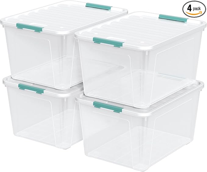 Aninhao 85 Quart Clear Plastic Storage Bin with Wheels, 4-Pack Large Latching Storage Box with Lid