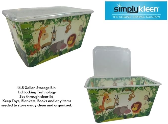 Storage Totes with Lids - Made in USA 14.5-Gallon (58-Quart) 4-Pack Storage Bins with Lids Plastic Storage Containers Large Storage Boxes for Organizer Jungle Animal/Clear