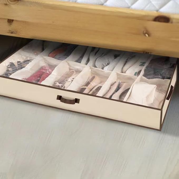 Men/Adults 12 Cells See Through Underbed Shoe Storage Bag Organizer with black and white flower (beige)