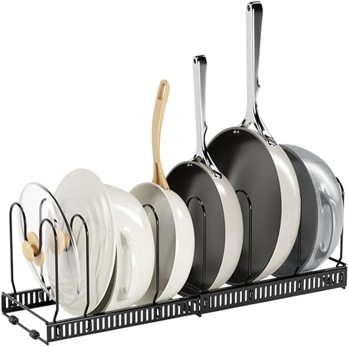Expandable Pots and Pans Organizer Rack, Pot Lids Cutting Boards Kitchen Cabinet Organizer with 7 Adjustable Compartments, Cookware Bakeware Rack for Kitchen Cabinet Countertop Storage(Black)