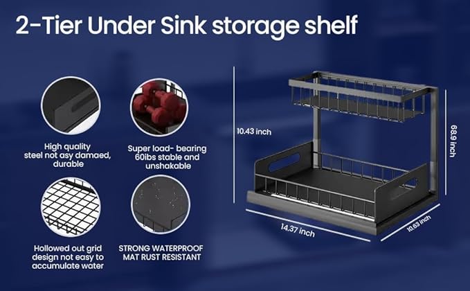 2 Tier Under Sink Storage & Organisation, Under Bathroom Cabinet Storage, Kitchen Sink Organiser Rack, Multi-purpose Under Sink Shelf Organizer- (Black) Set of 2