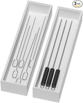 Bamboo Drawer Organizer, Narrow Silverware Organizer for Kitchen, Stackable Utensil Organizer, 2 Pcs Flatware Organizer for Drawer, Wooden Storage Box Tray (White, 12 X 3 X 2 Inch)