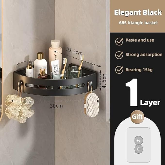 Corner Shower Caddy, Black Wall Mounted Bathroom Storage Rack, Plastic Organizer Shelf with Drainage Holes, 2 Pack, for Kitchen, Bathroom, no Cracking (Smooth Tile only no Textured Tile)