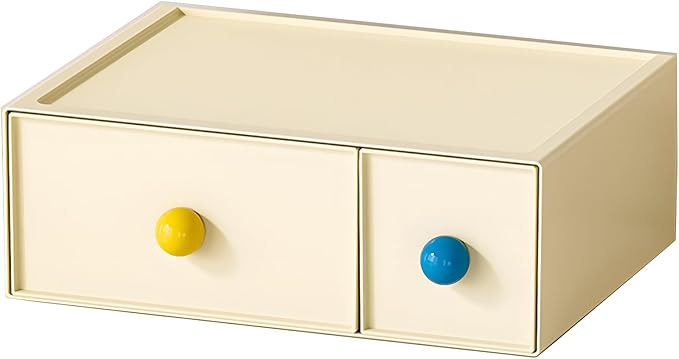Desktop Storage Drawers, Plastic Desk Organizer with 2 Drawers, Modular Stackable Toolbox Units for Office Stationary, Makeup Container, Bathroom Countertop (1 Tall Layer, Cream)