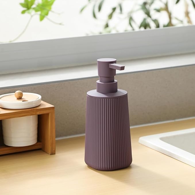 Small Soap Dispenser for Bathroom and Kitchen, Modern Farmhouse Striped Style Plastic Hand Soap Dish Soap Dispenser with Pump Matte Purple