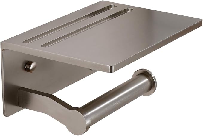 Toilet Paper Holder with Shelf, Aluminum Tissue Roll Holder with Mobile Phone Storage Shelf for Modern Bathroom, 3M Self Adhesive No Drilling or Wall-Mounted with Screws, Brushed Nickel