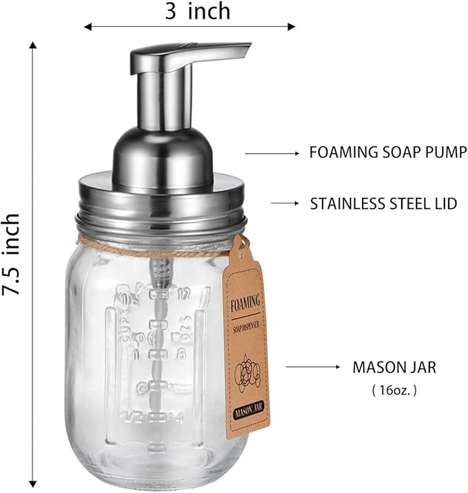 Amolliar Mason Jar Foaming Soap Dispenser, Plastic Soap Pump, Refillable Hand Soap Dispenser for Kitchen, Cute Farmhouse Decor, Dish Soap Dispenser, Bathroom Soap Accessories, Brushed Nickel 1 Pack