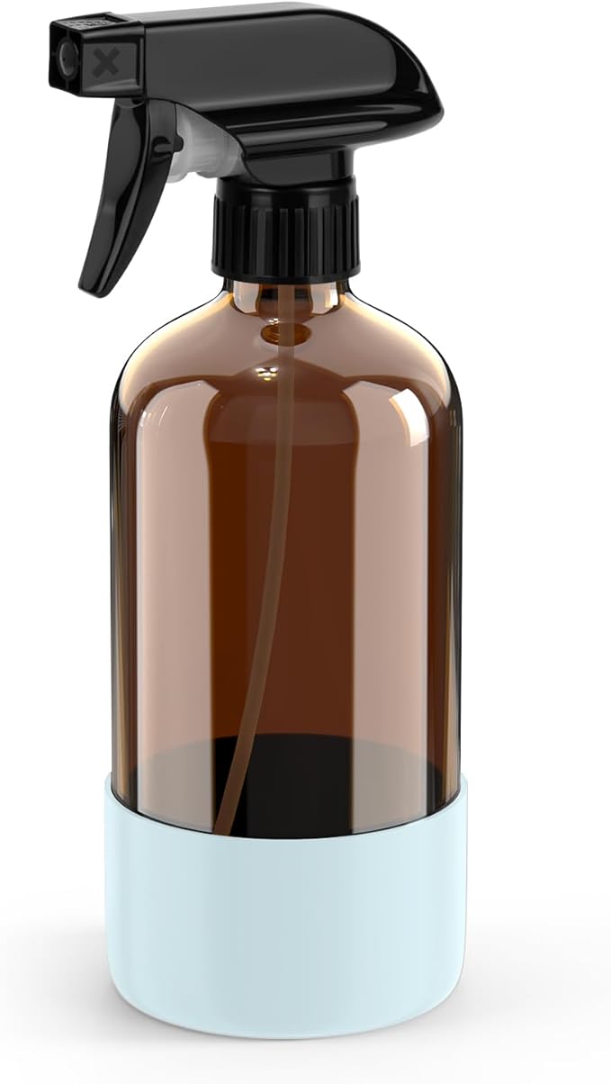 Amber Glass Spray Bottle with Silicone Sleeve Protection, 16 oz Refillable Spray Bottle for Cleaning Solutions, Plants, Aromatherapy, Facial Hydration (Blue Sleeve(Amber Bottle)