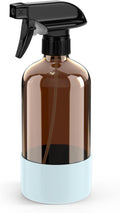Amber Glass Spray Bottle with Silicone Sleeve Protection, 16 oz Refillable Spray Bottle for Cleaning Solutions, Plants, Aromatherapy, Facial Hydration (Blue Sleeve(Amber Bottle)