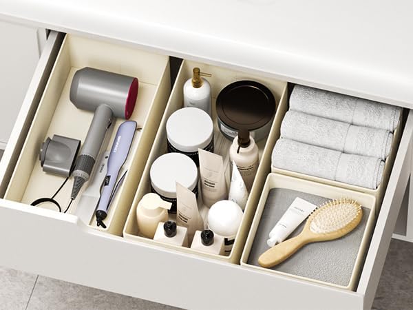 DIMJ Drawer Organizers Clothes, Set of 16 Dresser Organizer Bins, Fabric Closet Organizers and Storage, Shallow Drawer Dividers for Nursery, Clothing, Baby Clothes, Socks, Underwears, Tie (Beige)