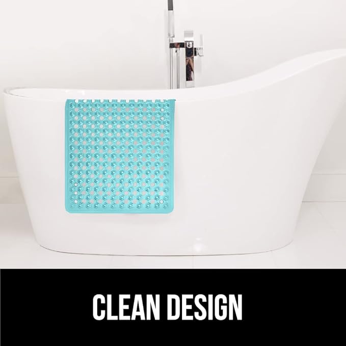 GORILLA GRIP Patented Bath Tub Shower Mat, Machine Washable Bathtub Floor Liner Mats, Suction Cups and Drain Holes to Keep Tubs Clean, Soft on Feet, Bathroom Essentials, 35x16 Inch, Clear Turquoise