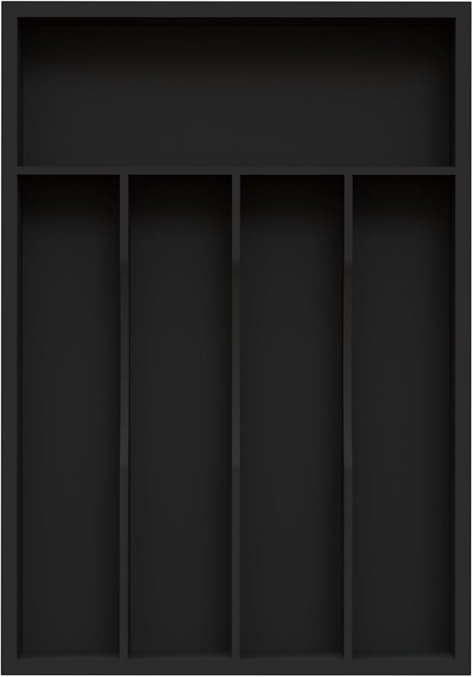 Bamboo Silverware Organizer, Kitchen Drawer Organizer, Utensil Holder, Cutlery Tray & Spoon Flatware Storage with Grooved Drawer Dividers (5 Slots, Black)