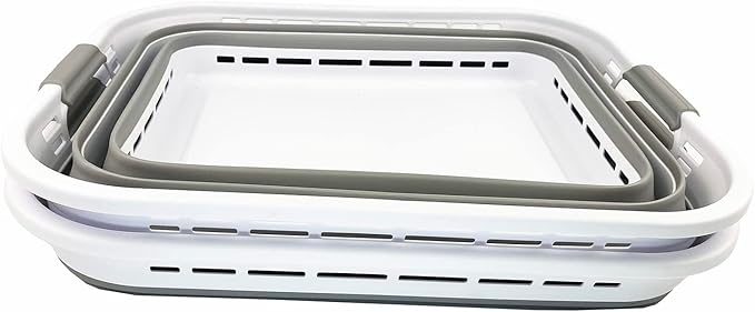 SAMMART 42L (11 Galloons) Collapsible Plastic Laundry Basket - Foldable Pop Up Storage Container/Organizer - Portable Washing Tub - Space Saving Hamper/Basket [BPA Free] (White/Grey (Set of 2))