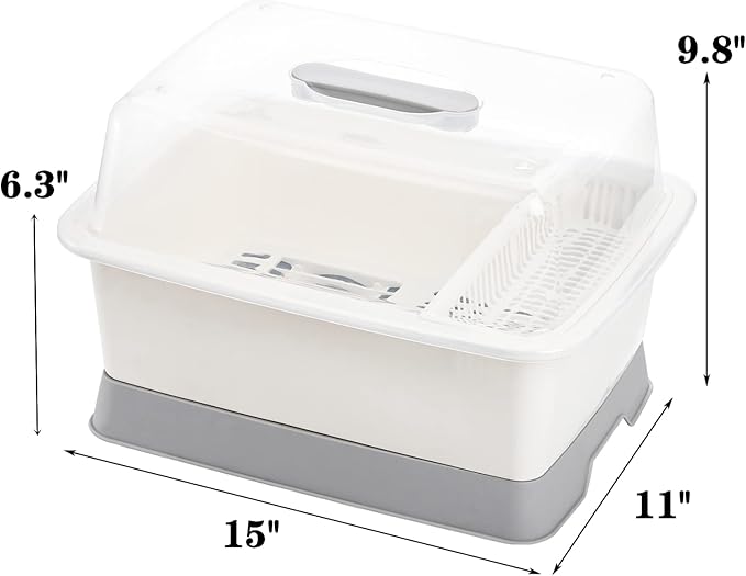 Lyellfe Plastic Dish Drying Rack, Bottle Dryer Holder with Cover Lid and Removable Drainboard, White Utensil and Cup Holder for Kitchen Counter, Dish Dryer Shelf, Medium Size