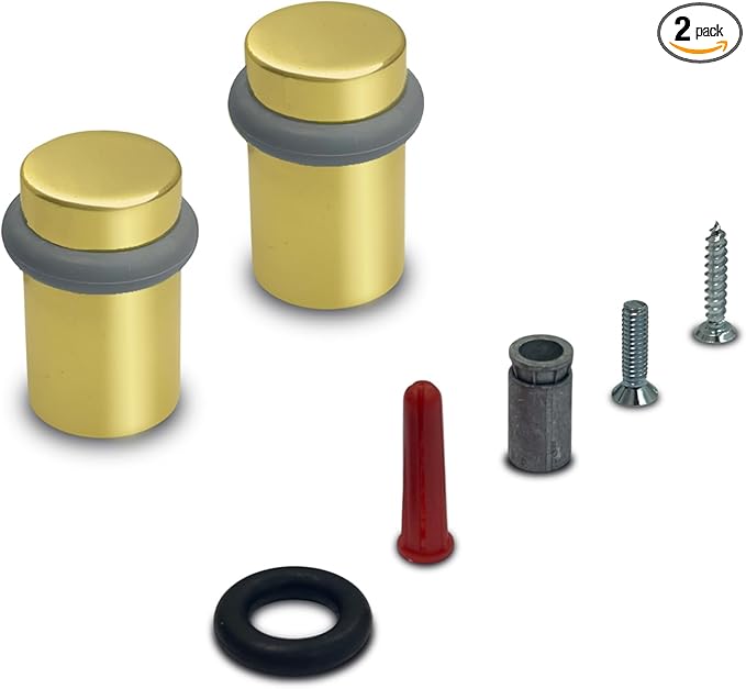 QCAA Cylindrical Floor Mount Door Stop, Height, 2", Solid Brass, Polished Brass Lacquered, Made in Taiwan, 2 Pack