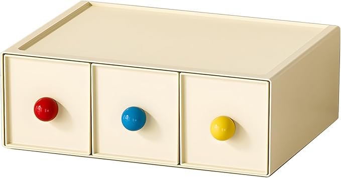 Desktop Storage Drawers, Plastic Desk Organizer with 3 Drawers, Modular Stackable Toolbox Units for Office Stationary, Makeup Container, Bathroom Countertop (1 Tall Layer, Cream)
