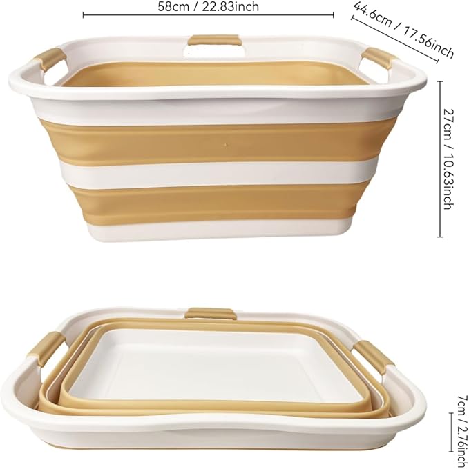 SAMMART 42 (11 Gallons) Collapsible Plastic Laundry Basket, Foldable Pop Up Storage Container/Organizer, Space Saving Hamper, Portable Bin for Dorm Room Bathroom (2, White/Beige)