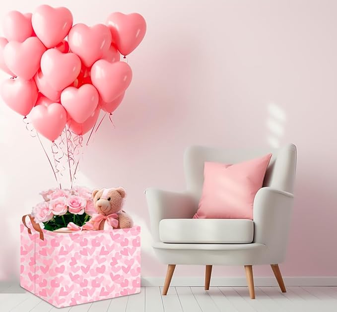 CLOCOR Rectangular Storage Basket Empty,Pink Valentines' Day Gift Basket,Waterproof Storage Bin with Handles,Room Decor(Double Pink Heart)