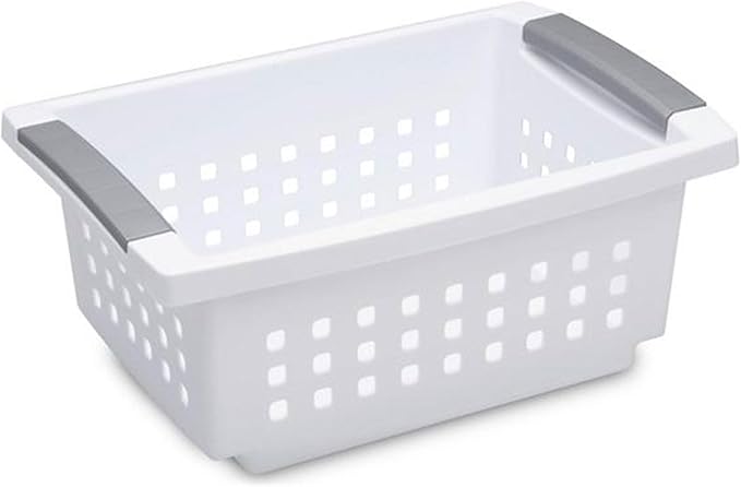 Sterilite 16608008 Small Stacking Basket with Vertical Stacking Functionality and Titanium Accents for Organization in Home or Office, White (16 Pack)