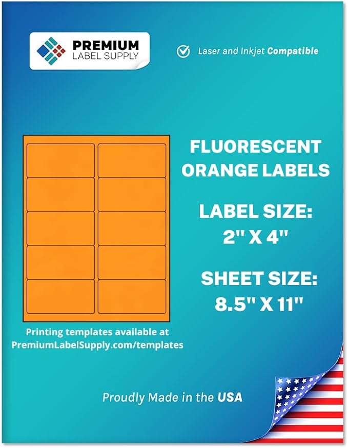 Premium Label Supply Bright Neon Color Fluorescent Stickers - 2" x 4" Labels - (Orange Fluorescent, 250 Labels)