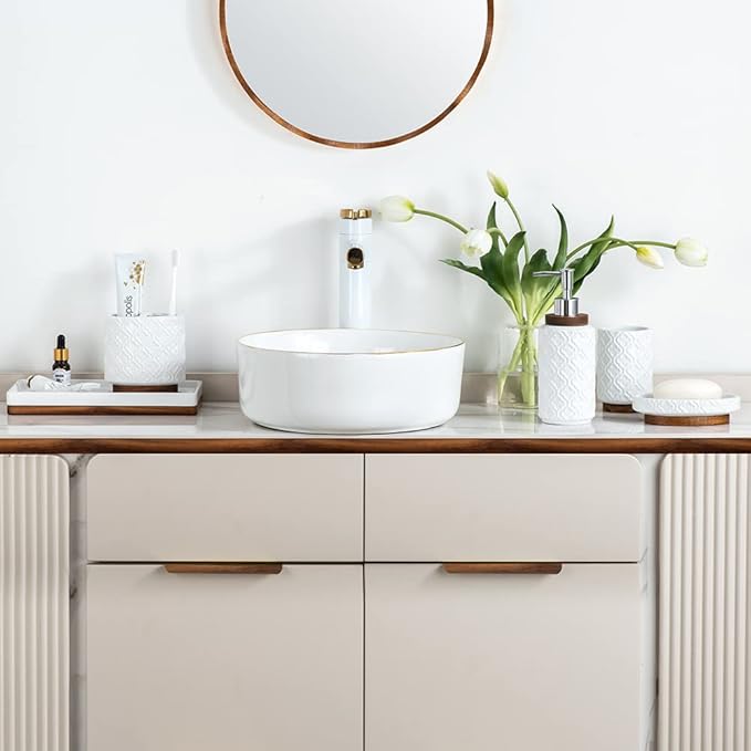 Bathroom Accessories Set 6 Pcs Ceramic Wooden Bathroom Set with Soap Dispenser Toothbrush Holder Tray Tumbler Soap Dish Trash Can（White）