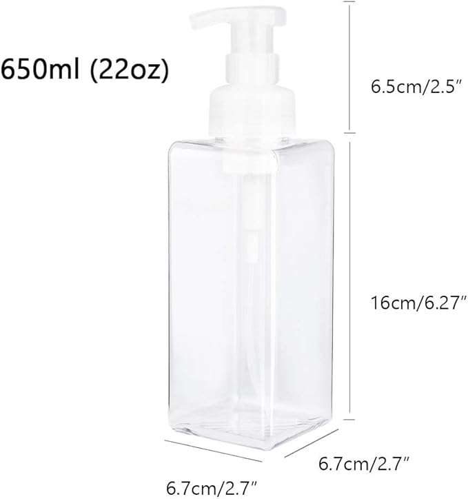 UUJOLY Foaming Soap Dispenser 650ml (22oz) Refillable Plastic Pump Bottle for Liquid Soap, Shampoo, Body Wash (2 Pcs) (Clear)