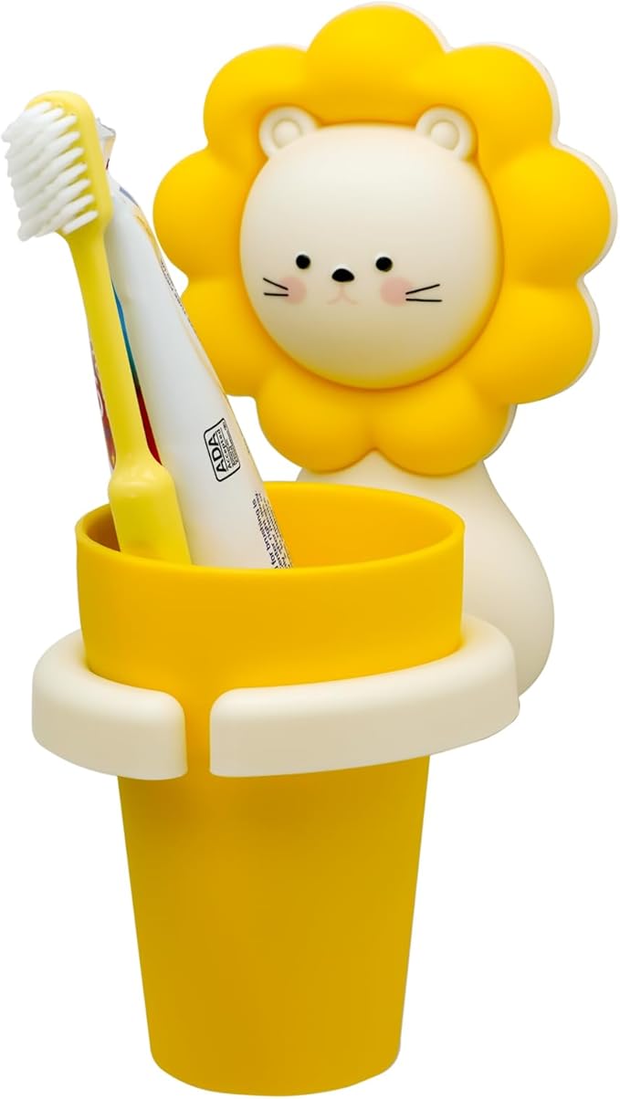 Cute Kids Toothbrush Holder with Cup & Toothpaste Wall Mounted, Adhesive Bathroom Organizer - Kids Bathroom Decor Accessories, Animal Toothbrush Holders for Kids - Yellow Lion